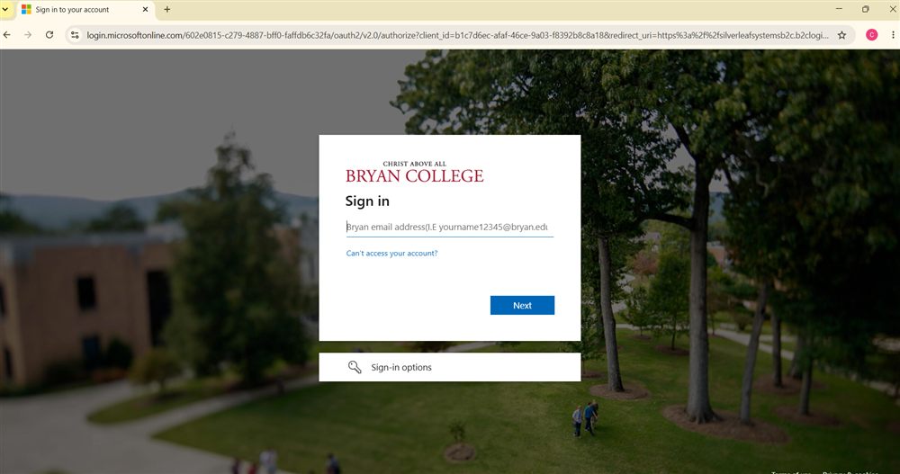 Bryan College sign-in screen with a box for Bryan email address and a Next button