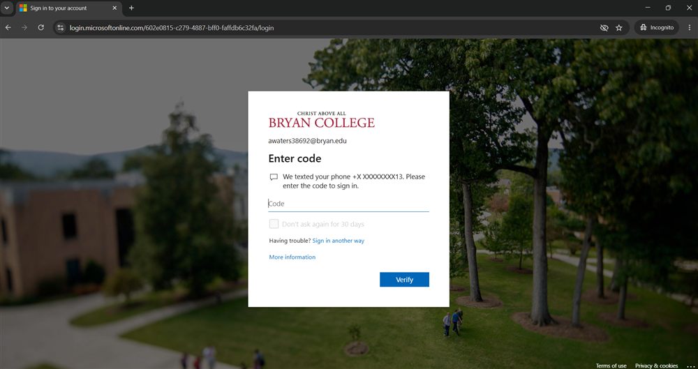 Enter code screen after receiving a text message code