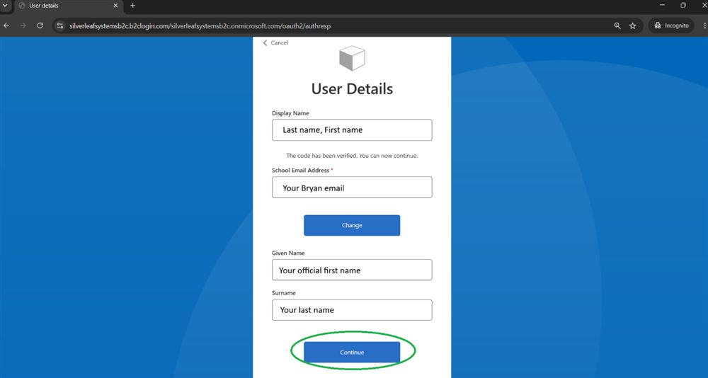 User Details form after verification, with the Continue button circled